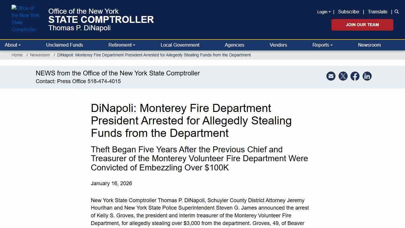 DiNapoli: Monterey Fire Department President Arrested for Allegedly Stealing Funds from the Department | Office of the New York State Comptroller